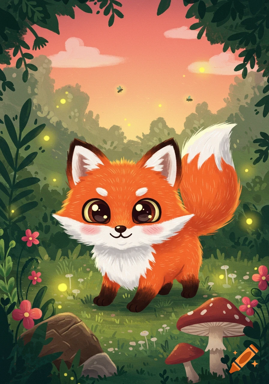 A cute, vibrant cartoon fox with big eyes smiles in an enchanting forest with glowing fireflies and mushrooms.