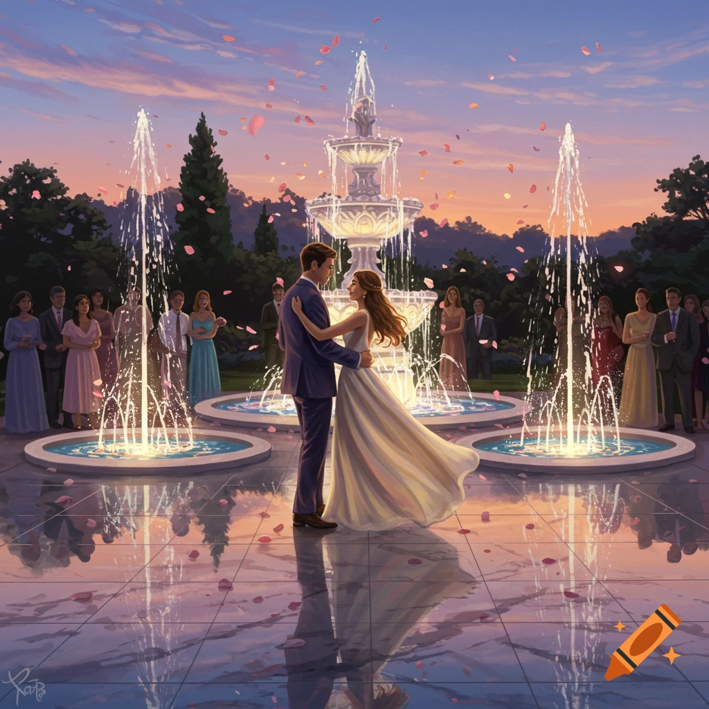 A wedding couple dances under falling rose petals amidst illuminated fountains at sunset, with guests watching in the background, illustrated.
