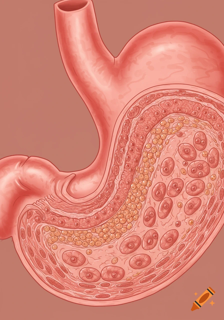 Detailed medical illustration of a stomach cross-section, showing its internal histological layers and structures.
