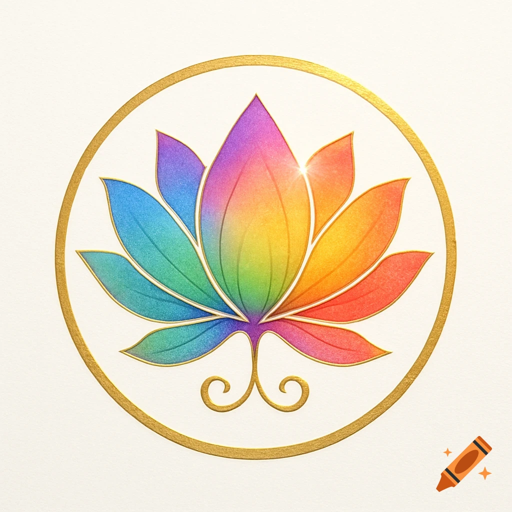 A vibrant, rainbow-colored lotus flower emblem with gold outlines, centered within a gold circular frame on a light background.