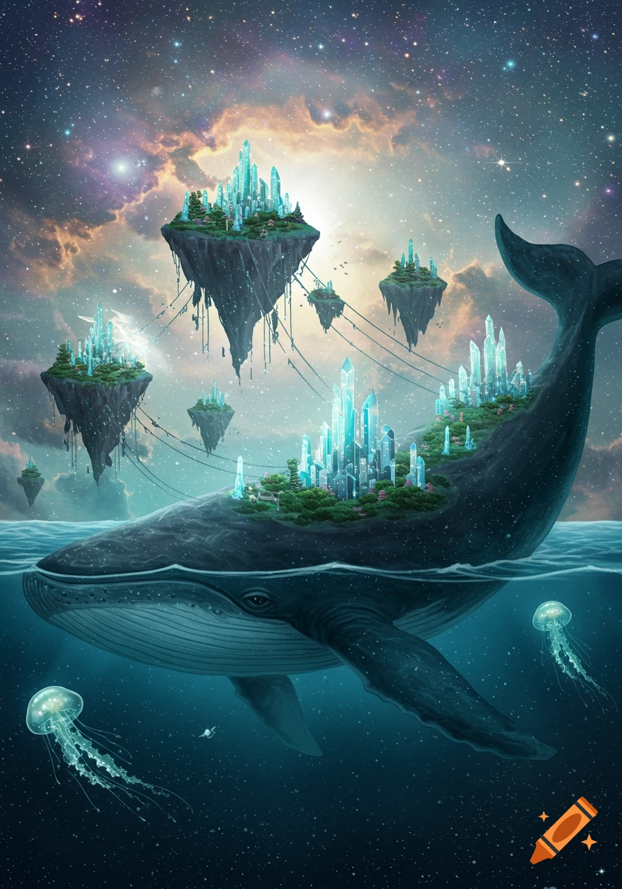 A giant whale with a crystal city on its back swims in a cosmic ocean under a starry sky, surrounded by floating crystal islands and jellyfish.