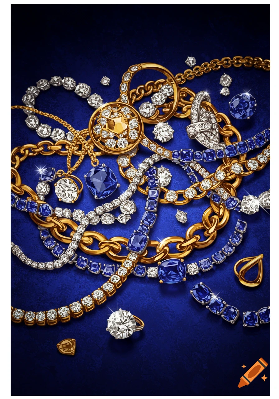 A lavish pile of gold and silver jewelry, featuring sparkling diamonds and deep blue sapphire gemstones on a textured royal blue background.