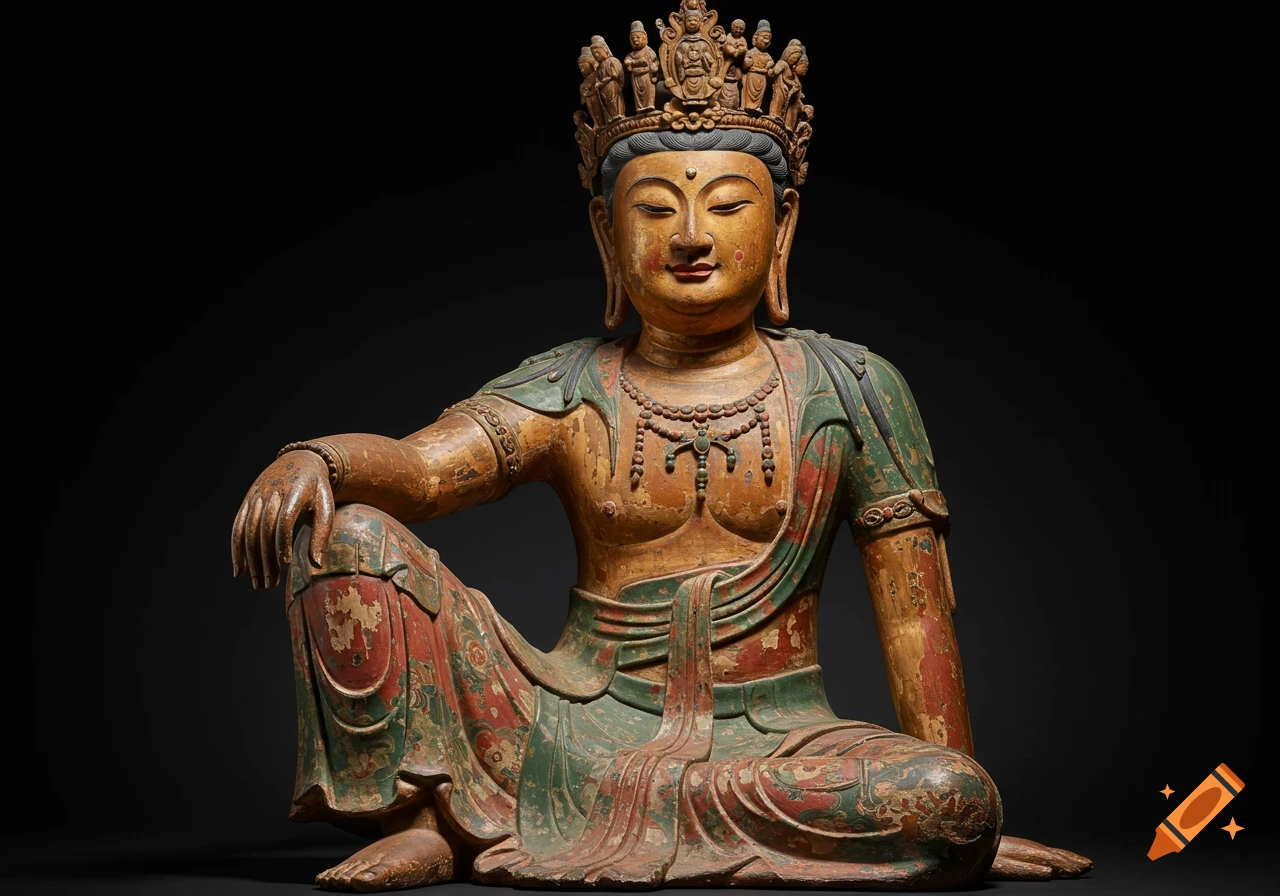 An ancient Chinese Bodhisattva statue, seated in a relaxed pose, crafted from painted and gilded wood with faded red, green, and gold tones.