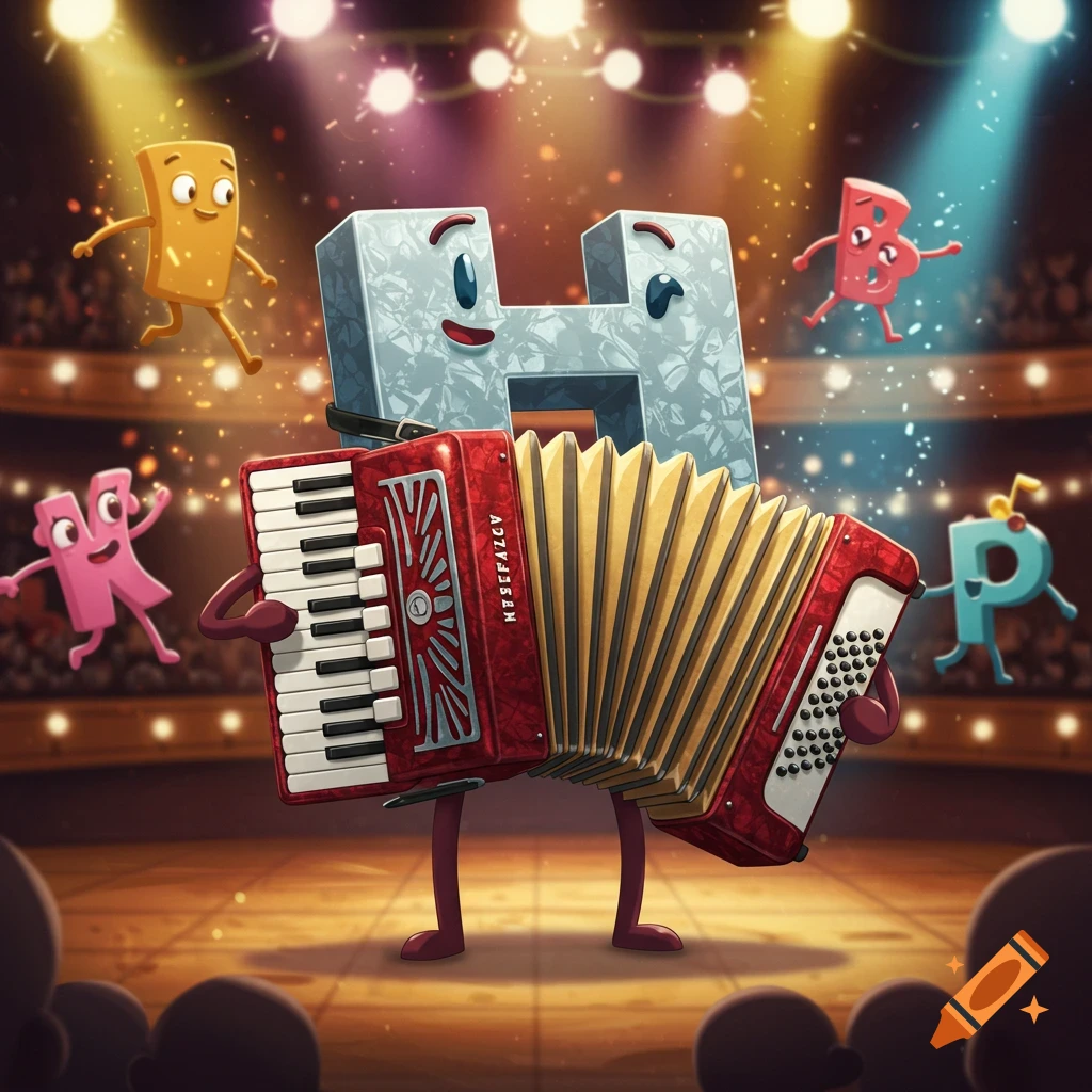 A cartoon gray letter "H" plays a red accordion on a brightly lit stage with other colorful letter characters dancing.