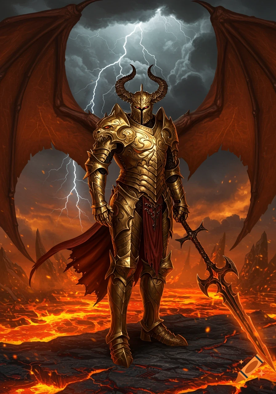 A demonic knight in golden armor with large dragon wings stands on a rocky outcrop in a fiery, volcanic landscape under a stormy sky with lightning.