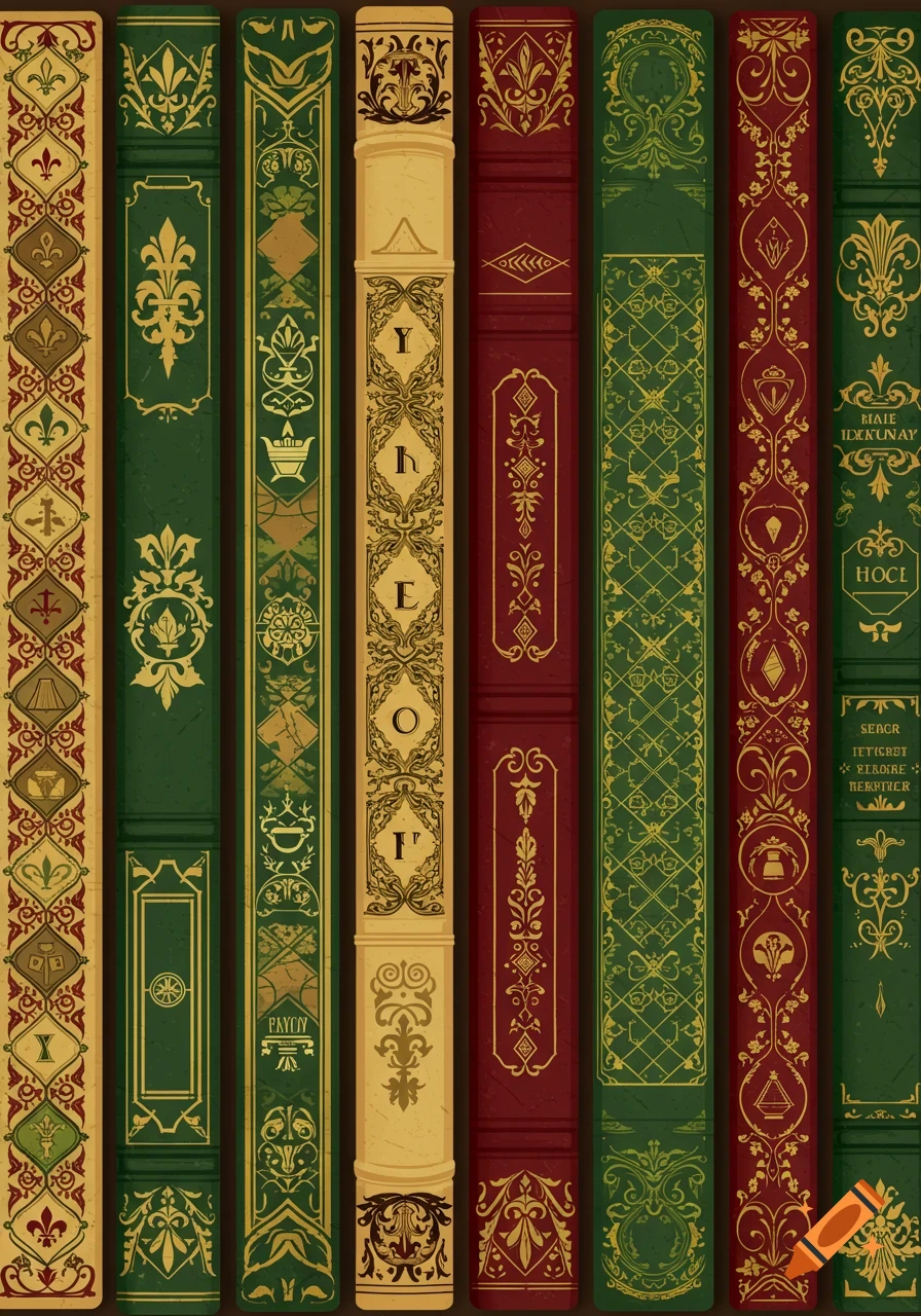 A vector illustration of ornate book spines in green, red, and gold with intricate floral and geometric patterns.