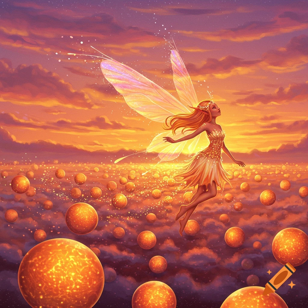 A graceful fairy with translucent wings and a golden dress floats amidst glowing orange spheres against a vibrant sunset sky.
