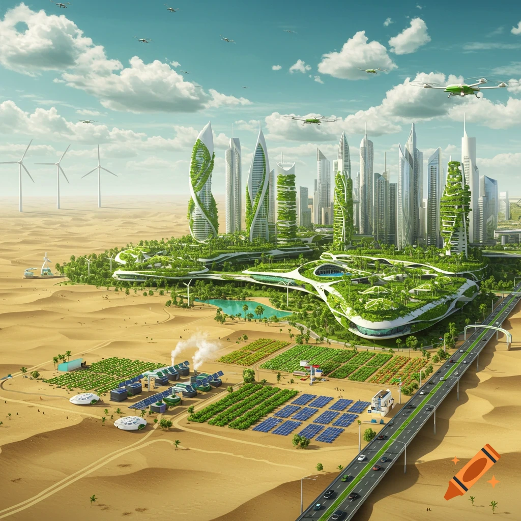 A sprawling, verdant futuristic city with green skyscrapers and advanced sustainable infrastructure thrives in a desert landscape.