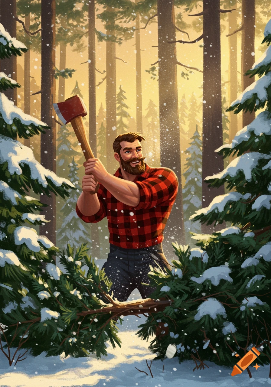 Brawny lumberjack in a red plaid shirt chops a snowy Christmas tree in a winter forest, illustration style.