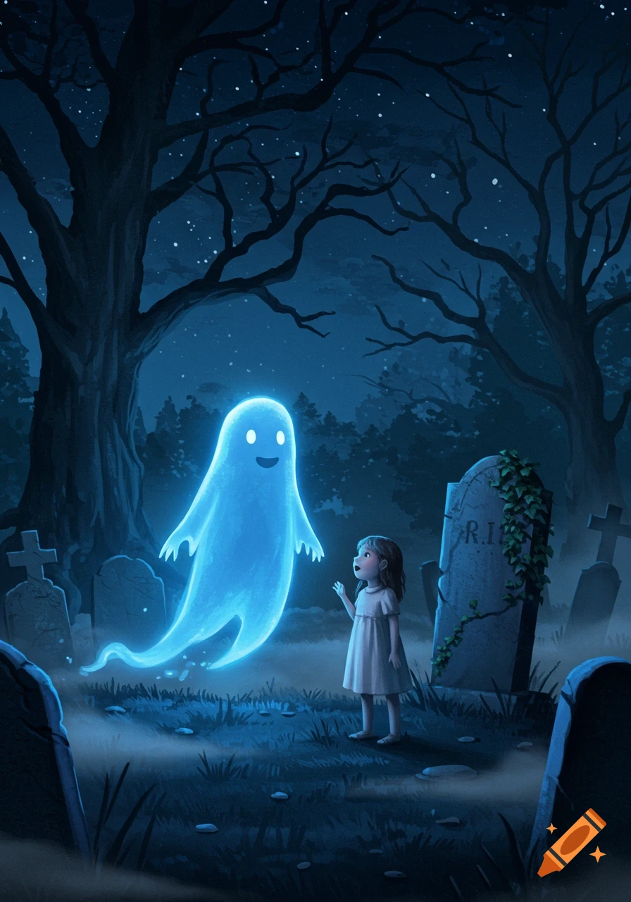 Cartoon illustration of a little girl in a graveyard looking at a glowing blue ghost at night.
