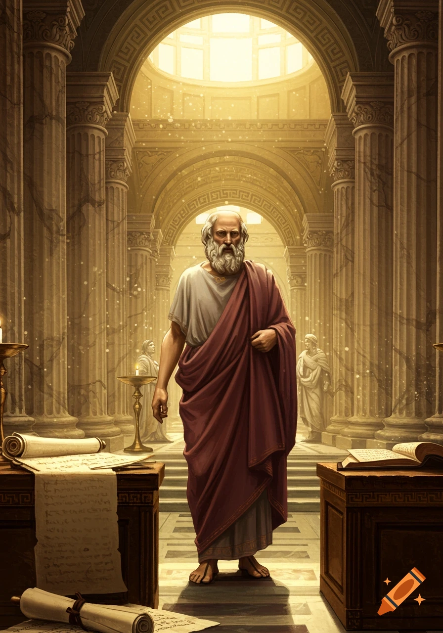 An old, bearded man in a toga stands in a grand, sunlit classical hall with scrolls and books.