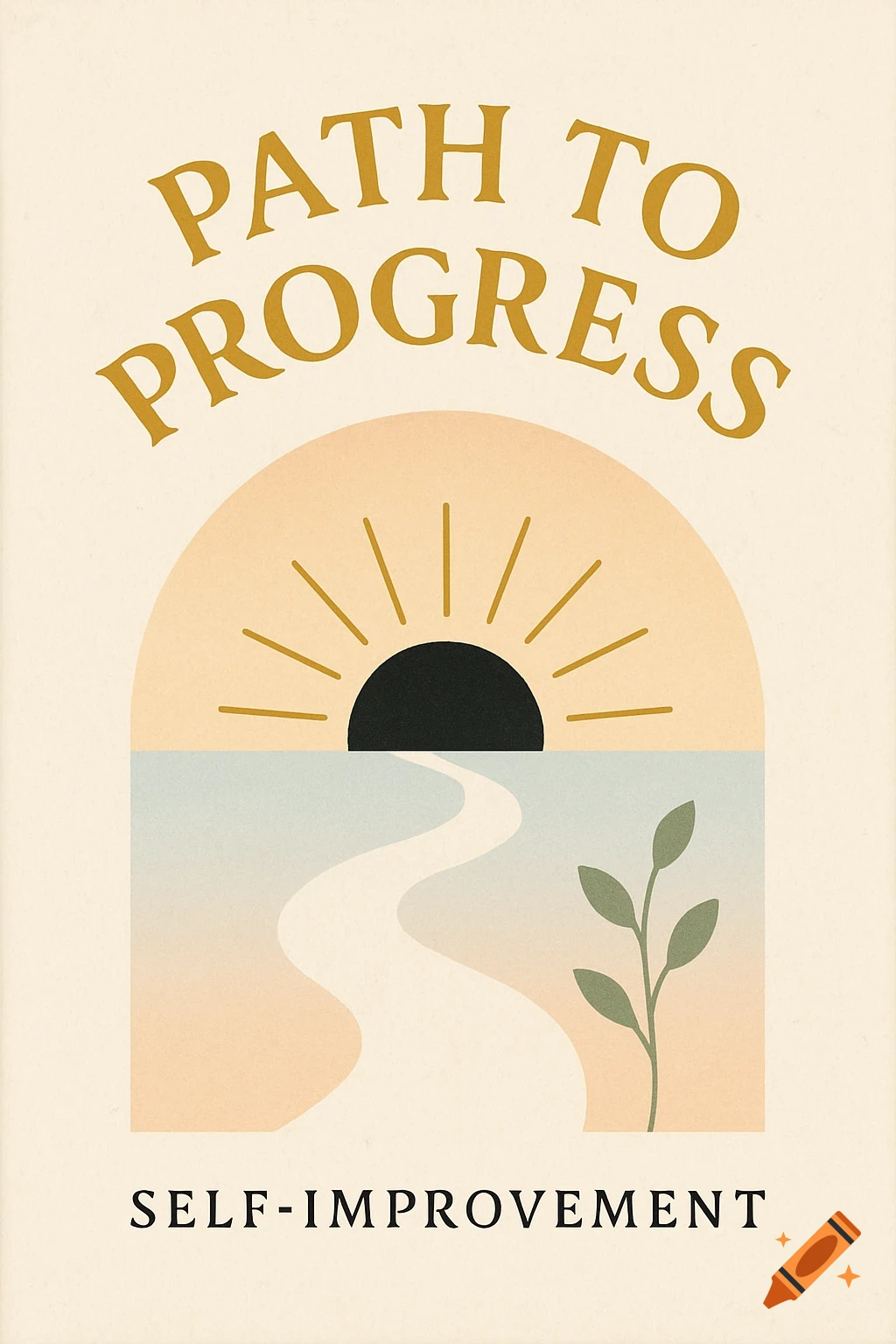 A stylized illustration featuring a winding path leading to a rising sun within an arch, with text "PATH TO PROGRESS" and "SELF-IMPROVEMENT".