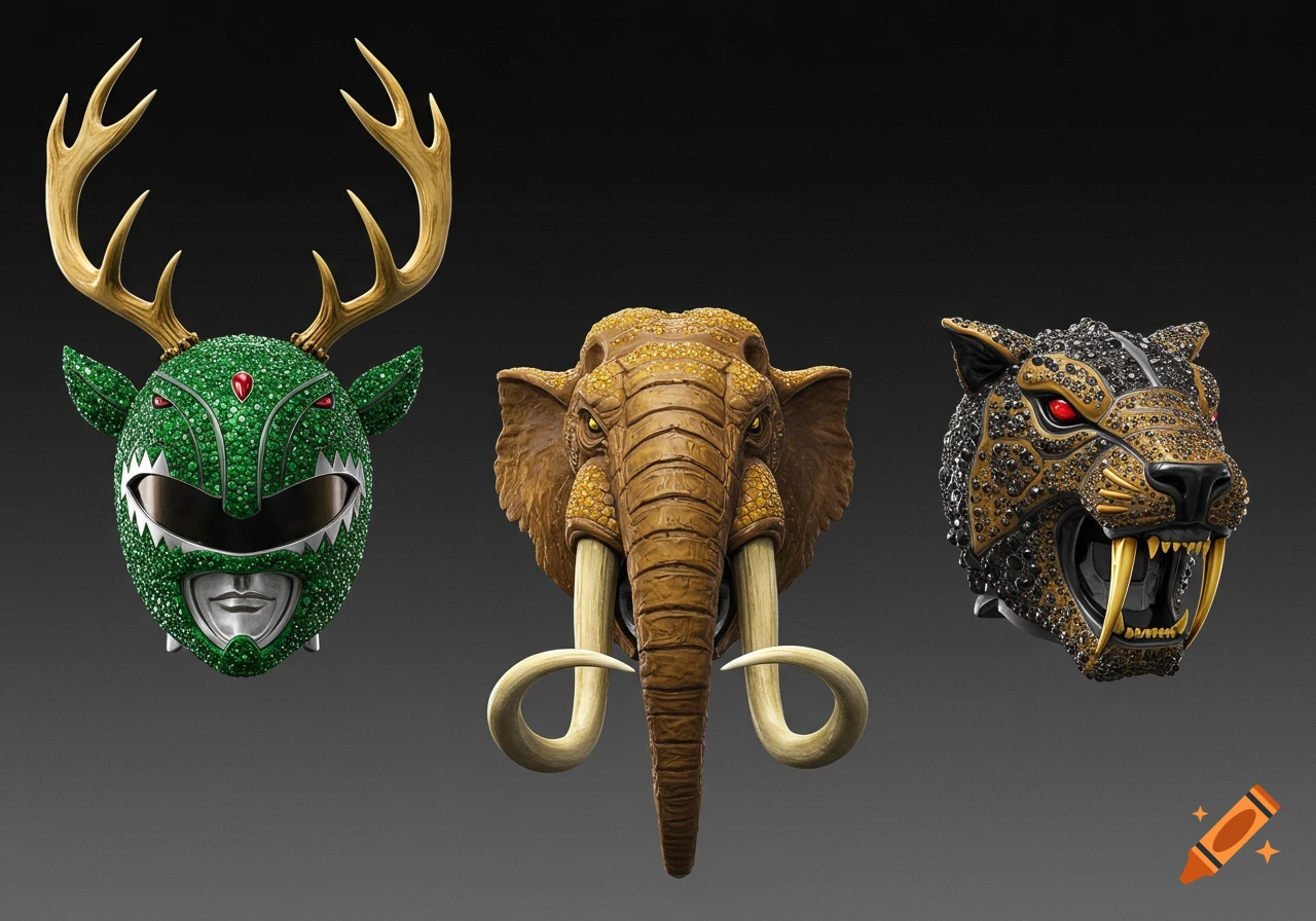 Three ornate gemstone-encrusted Power Rangers helmets: a green elk, a yellow mastodon, and a black smilodon, against a dark background.