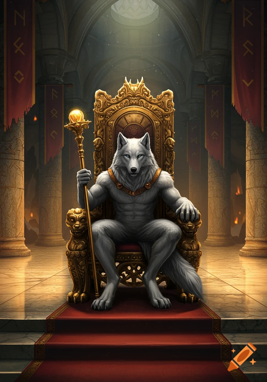 A majestic white anthropomorphic wolf king with piercing blue eyes sits regally on an ornate golden throne, holding a glowing scepter, in a grand, dimly lit stone hall with ancient banners.