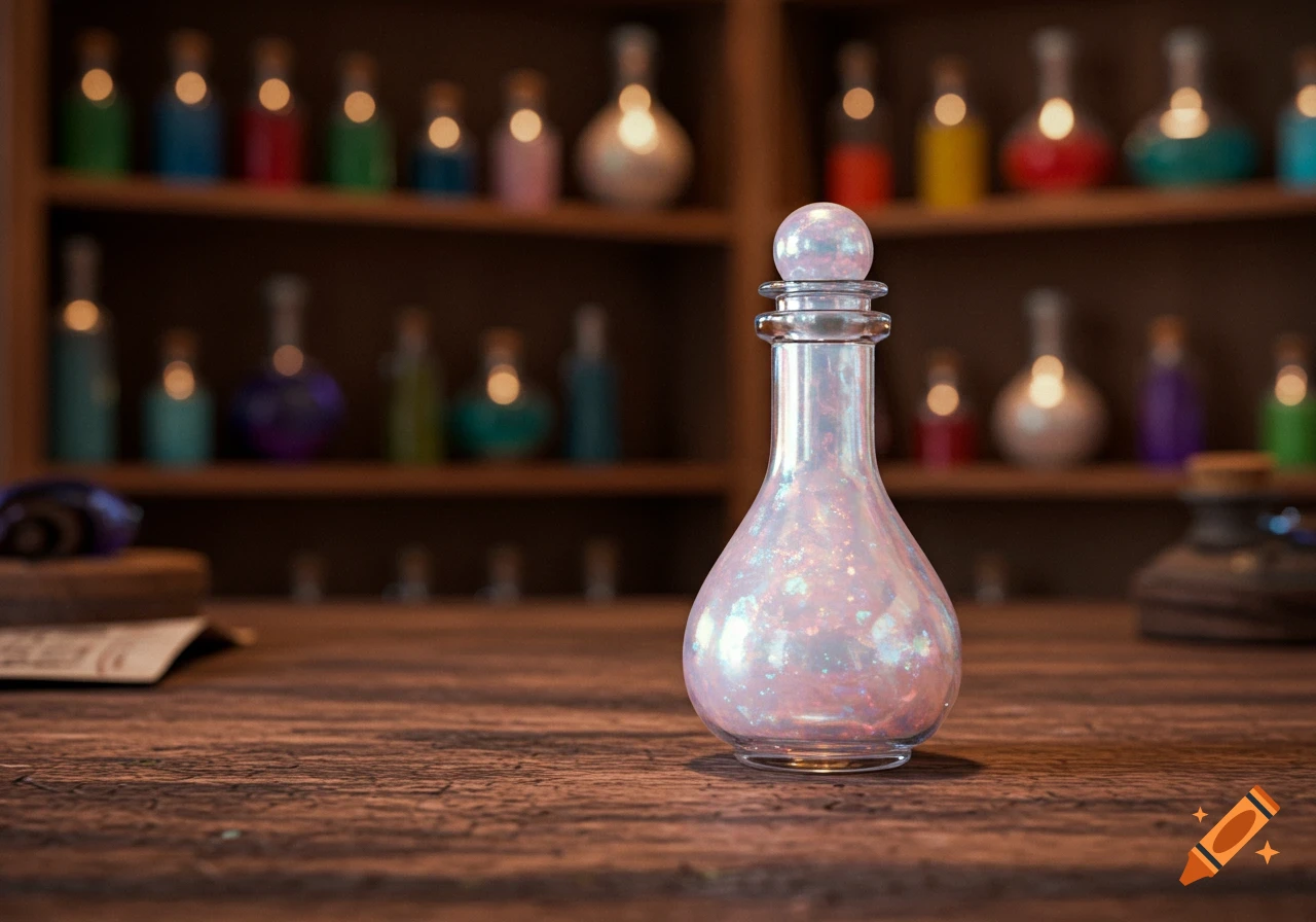 A glowing pearlescent potion bottle sits on a rustic wooden table with blurred shelves of other bottles in a fantasy setting.