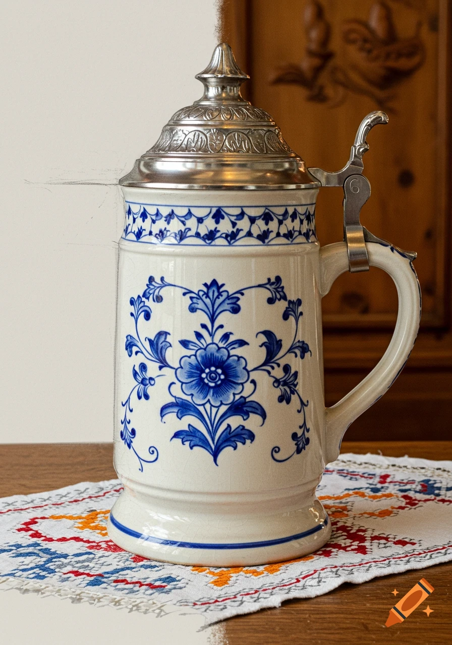 White ceramic beer stein with blue floral patterns, silver lid, on a table with a patterned cloth, merging drawing and photo elements.