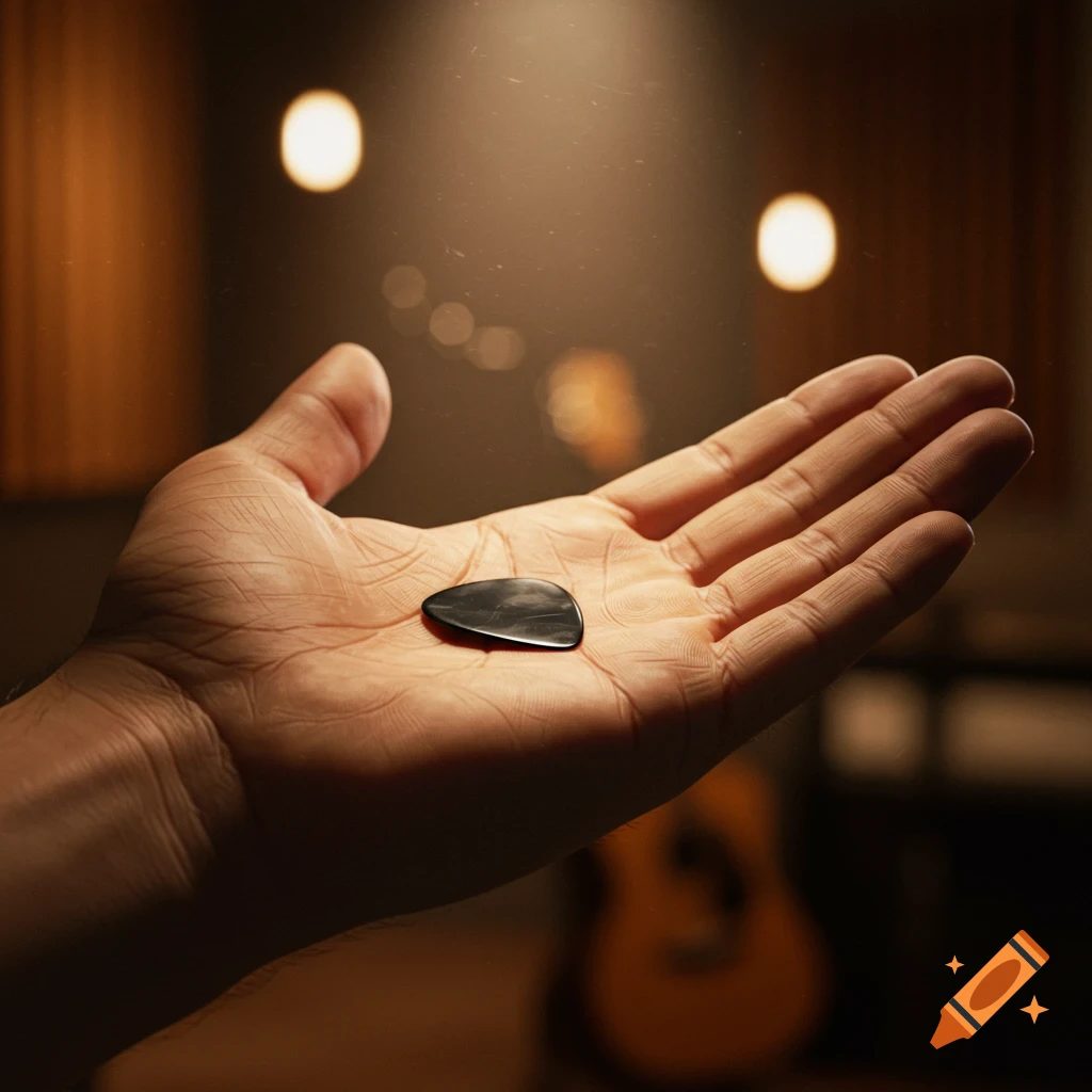 A close-up, photorealistic image of an open palm holding a black guitar pick, with a blurry guitar in the background.