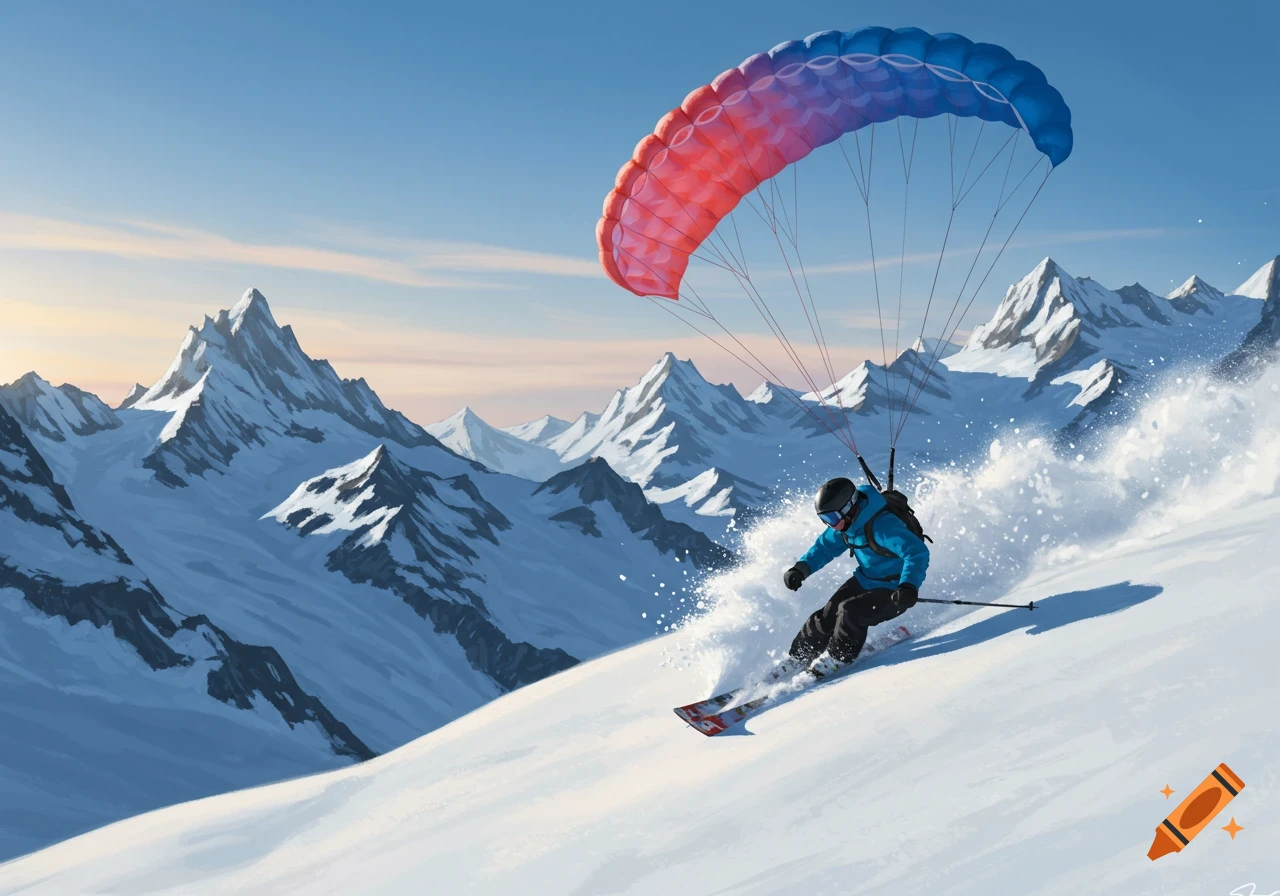 A person in a blue jacket skis down a snowy mountain slope with a colorful red and blue paraglider above, under a clear sky.
