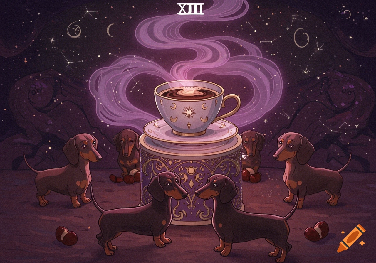 Six stylized dachshunds around a celestial coffee cup on a pedestal, under a purple starry sky with constellations and 'XIII'.