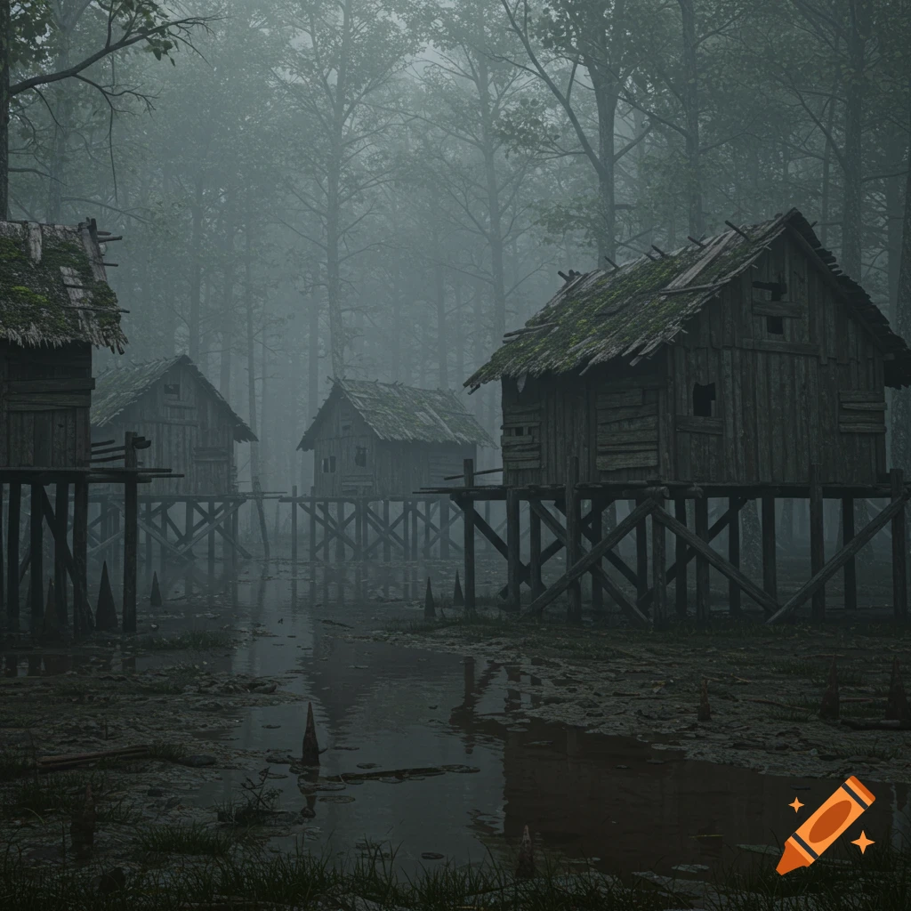 Photorealistic image of old wooden huts on stilts in a muddy swamp, shrouded in thick fog, with trees in the background.