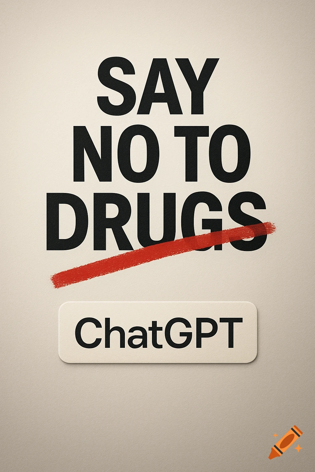 A minimalist poster on a beige background with the bold black text "SAY NO TO DRUGS". The word "DRUGS" is crossed out with a red line. Below, in a rounded white box, is the word "ChatGPT" in black.