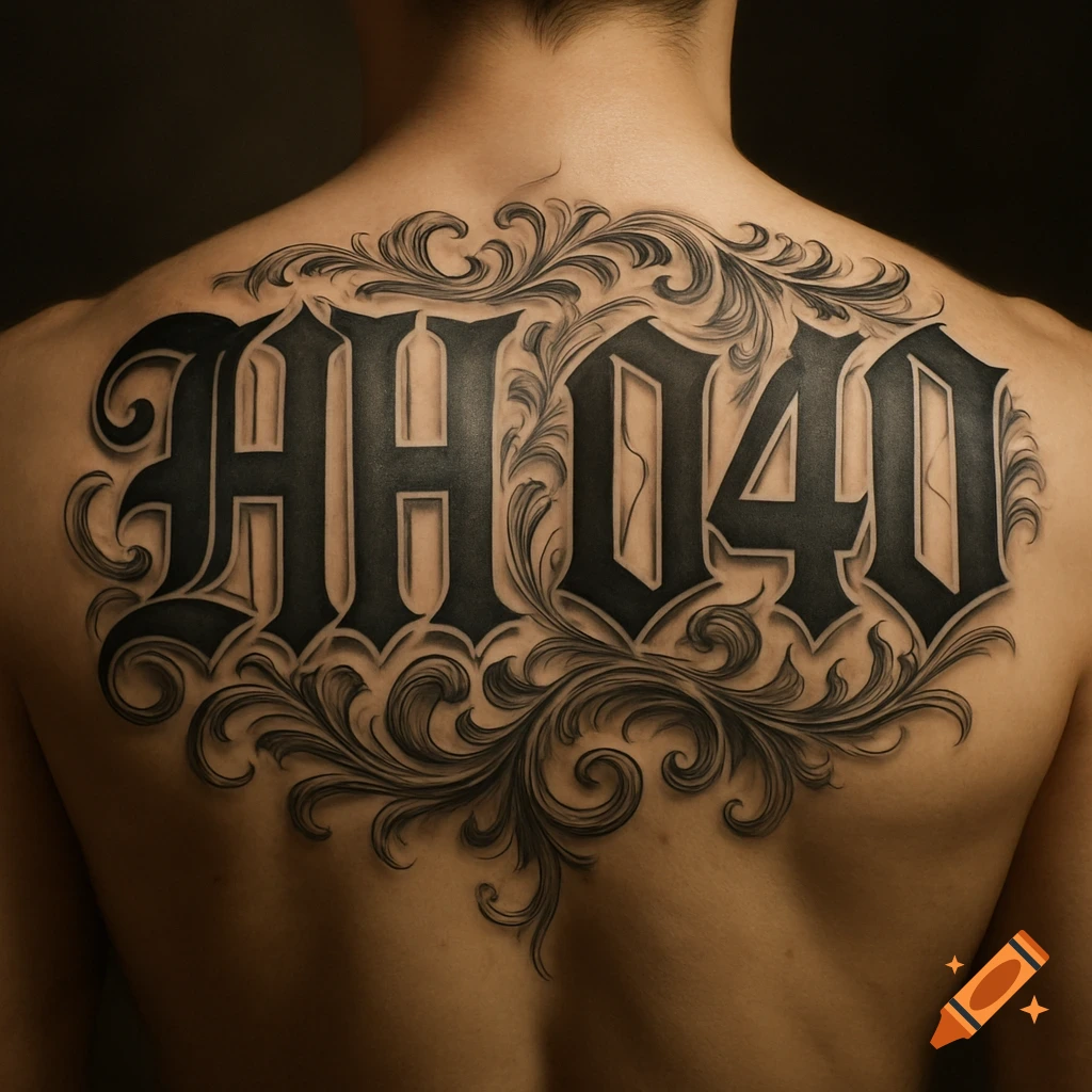 Detailed black gothic tattoo with 'HH 040' and ornamental swirls on a person's back.