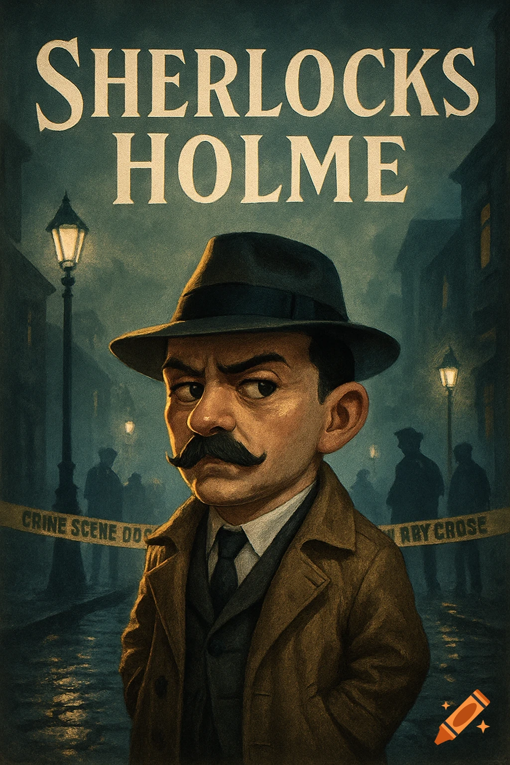 An illustration of a cartoonish detective with a prominent mustache and fedora, looking over his shoulder in a foggy, gaslit street with "SHERLOCKS HOLME" above and crime scene tape below.