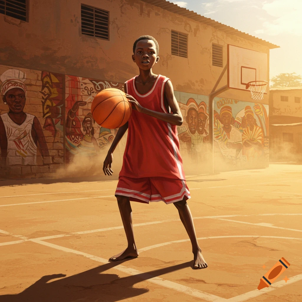 A skinny African boy in a red jersey holds a basketball on a dusty court with murals and a hoop in the background, in an illustrative style.