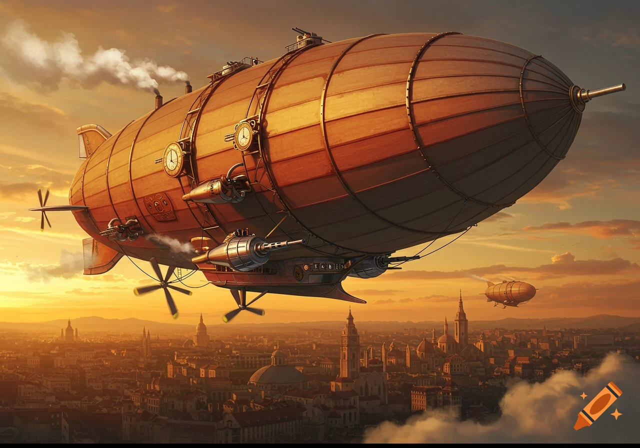 A large steampunk zeppelin with cannons flies over a city at sunset, with a smaller airship in the distance.