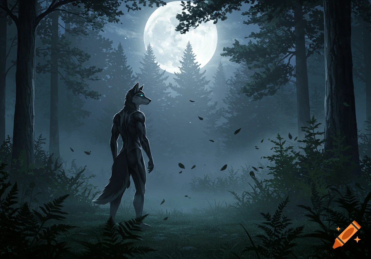 A muscular anthro wolf stands in a misty forest under a bright full moon, with glowing blue eyes.