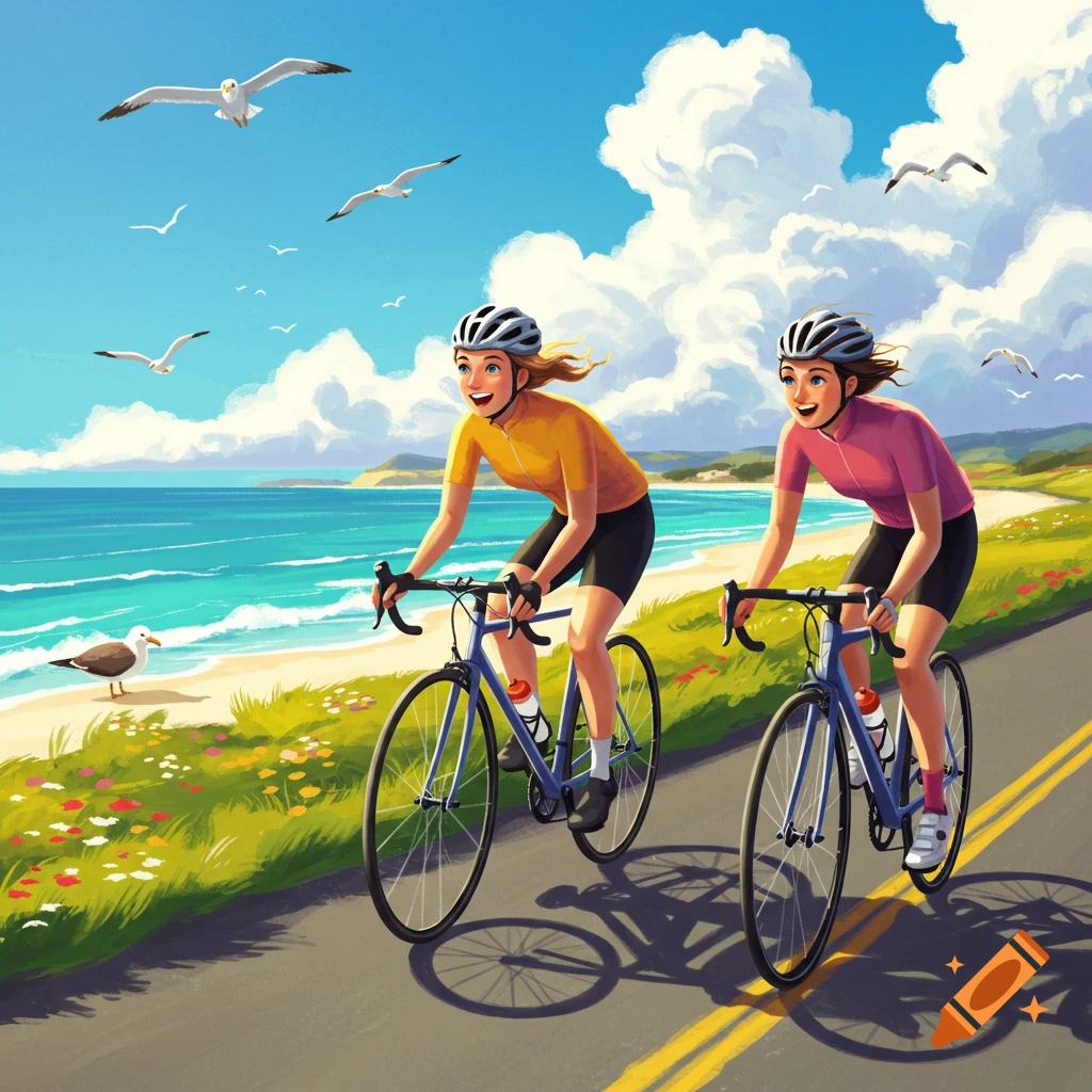 Two illustrated women cycle along a sunny coastal road next to a beach and ocean with seagulls flying above.