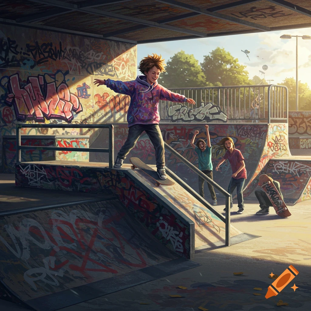 Teenagers skateboard in a vibrant, graffiti-covered skatepark under a sunny sky, one balancing on a ramp.