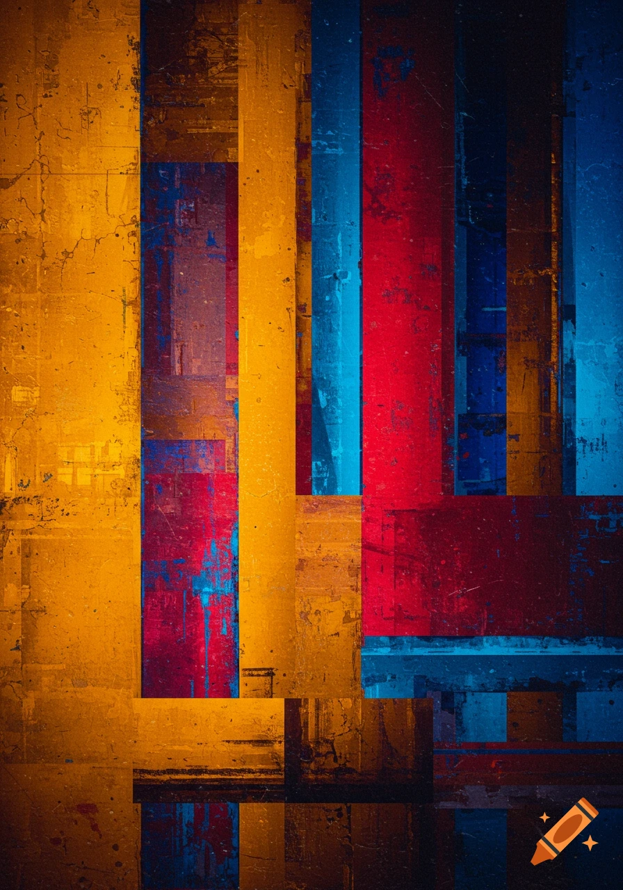 Abstract painting with bold blocks of ochre, crimson, and electric blue creating a dynamic composition on textured surfaces.