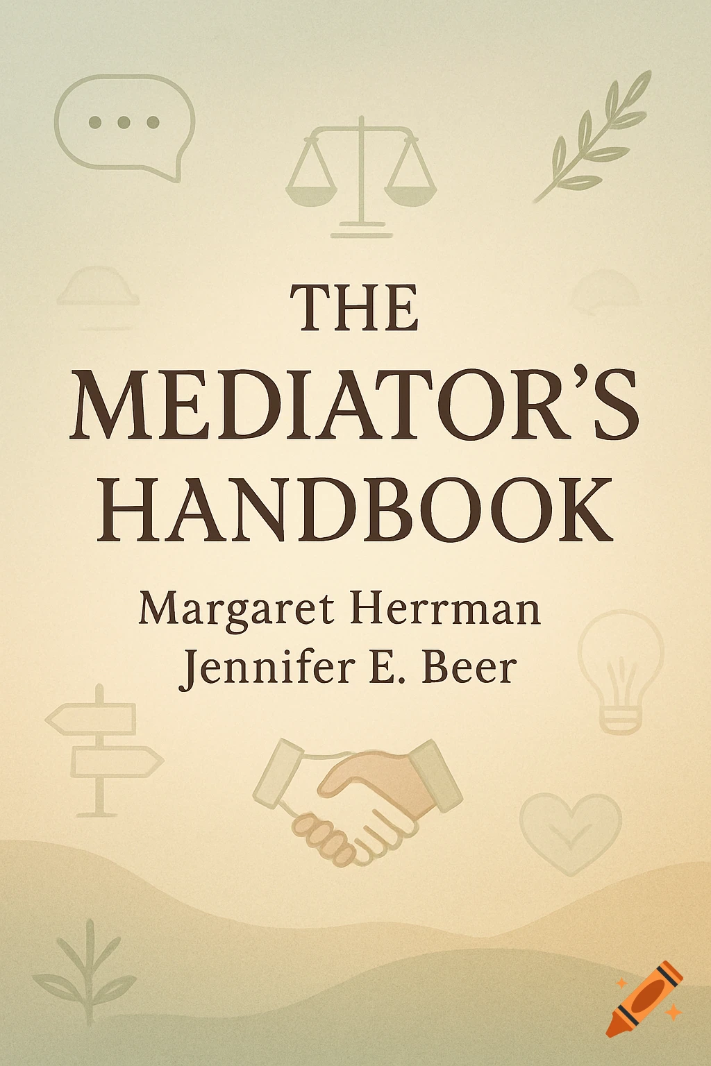 Book cover for 'The Mediator's Handbook' featuring icons of a speech bubble, scales, a branch, a signpost, shaking hands, a lightbulb, and a heart on a beige background.