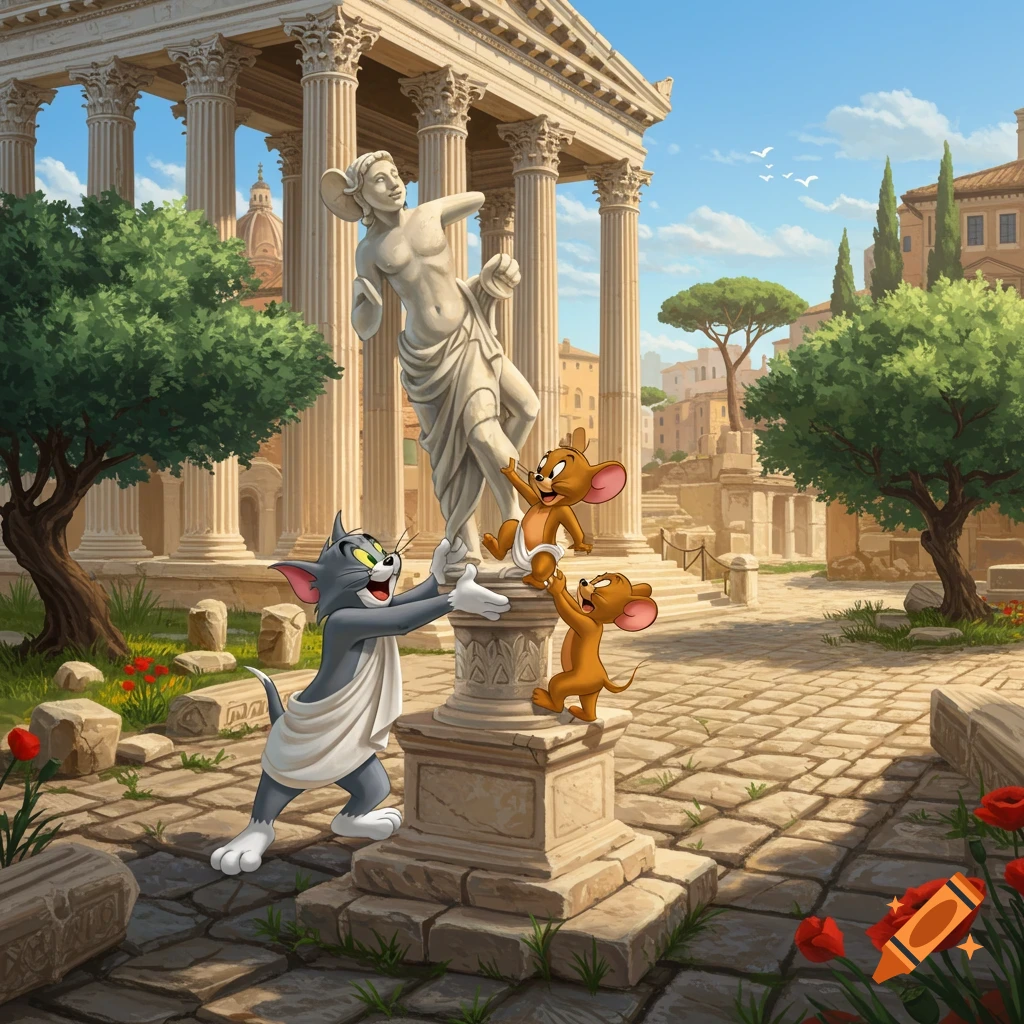 Tom and Jerry playing around a classical male nude statue in ancient Roman ruins with grand columns and green trees.