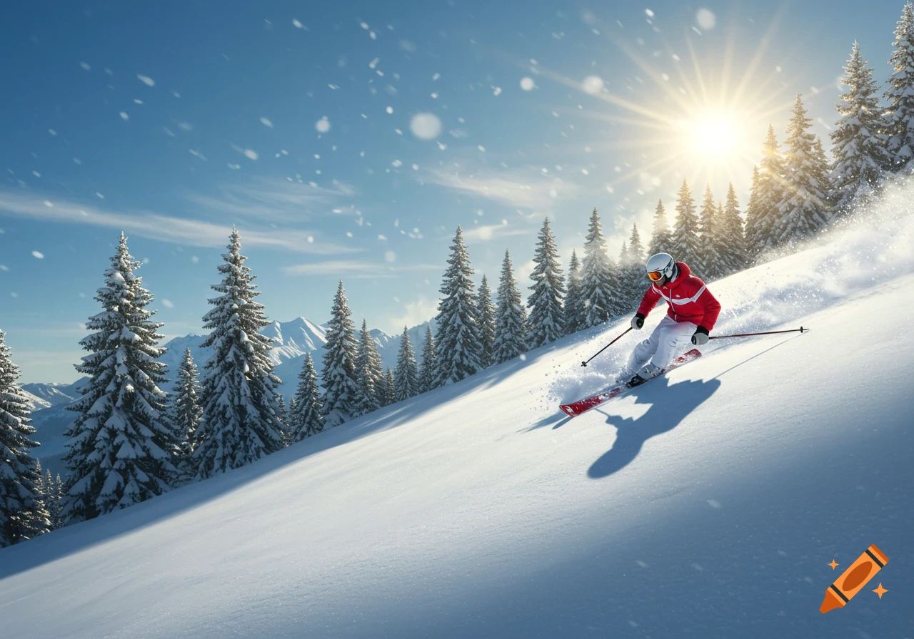 A photorealistic image of a skier in a red jacket carving down a snowy slope with pine trees and mountains under a sunny sky.
