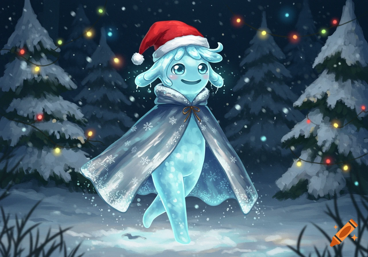 A cute, glowing blue water spirit in a Santa hat and snowflake cape walks through a snowy forest with Christmas-lit pine trees.