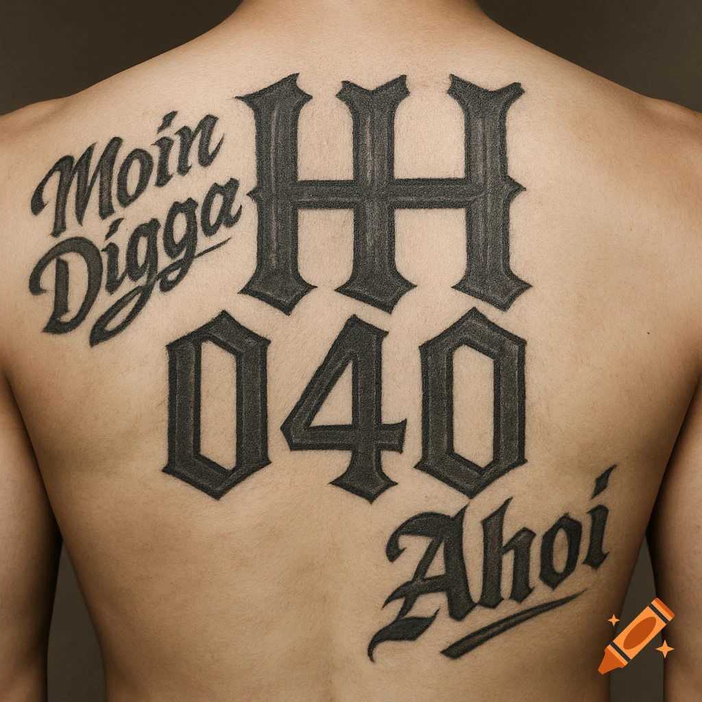 A person's back with large, dark tattoos: 'HH' at the top, '040' below, 'Moin Digga' on the upper left, and 'Ahoi' on the lower right.