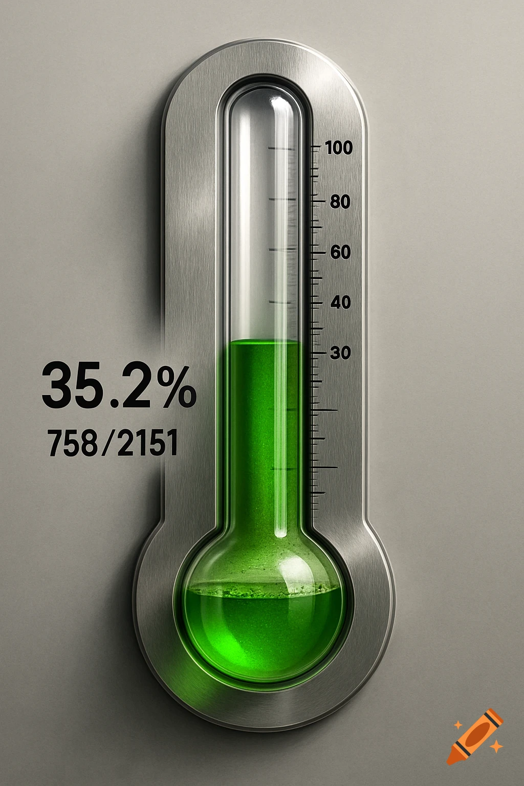 A realistic progress tracker resembling a thermometer with green liquid, displaying '35.2%' and '758/2151'.