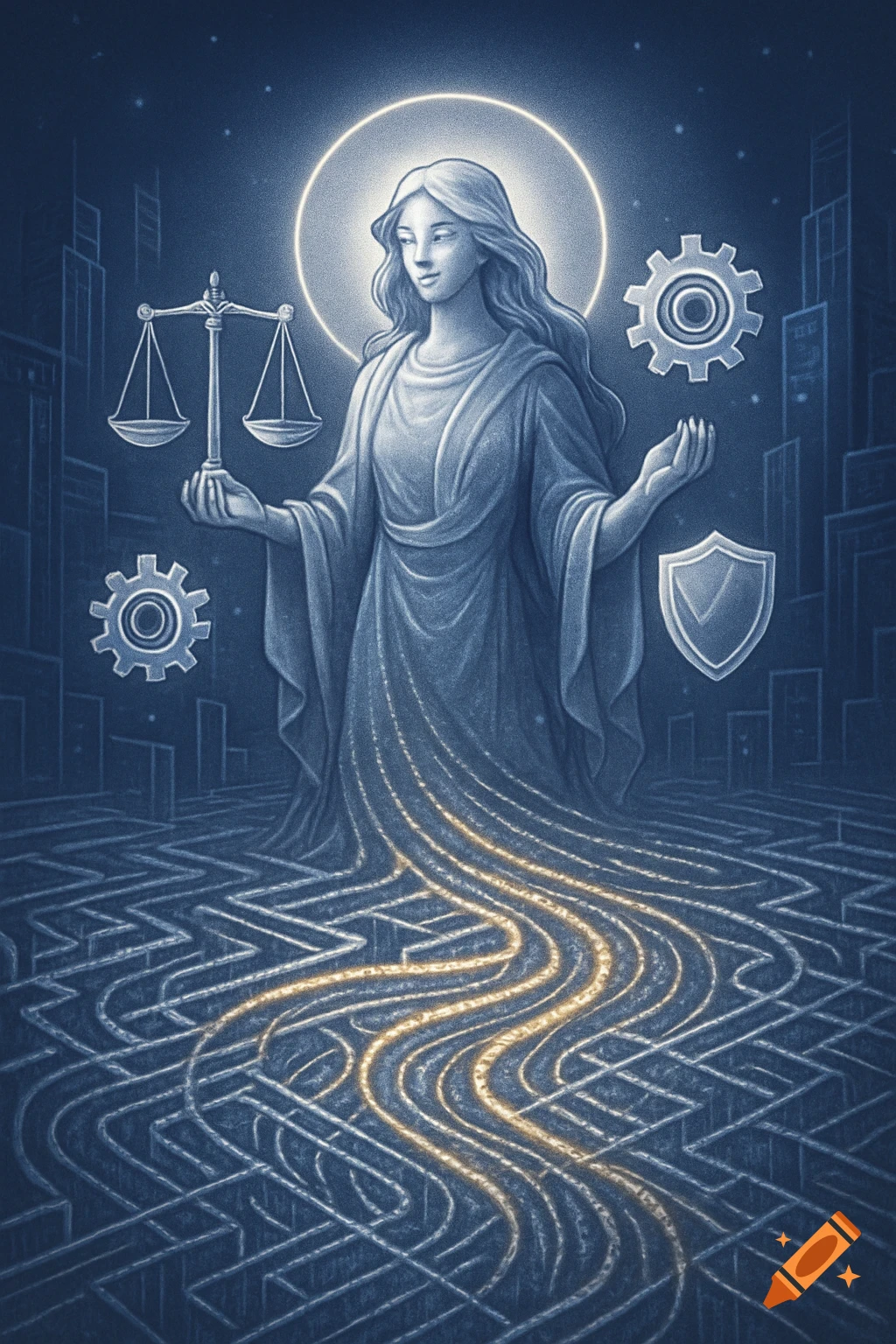 A stylized illustration of a woman emanating golden light into a maze, holding scales, surrounded by gears and a shield.
