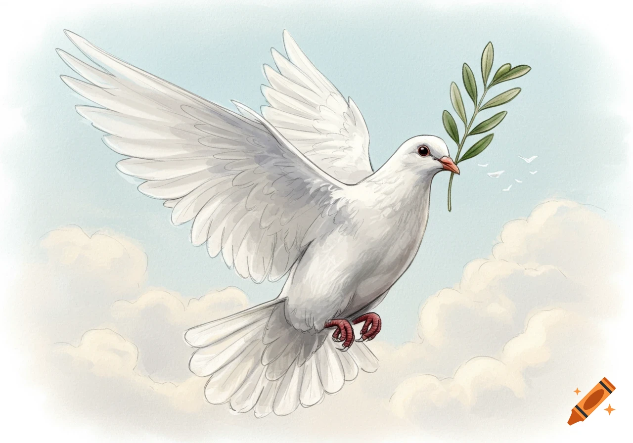 A white dove with outstretched wings flies across a cloudy sky, holding an olive branch in its beak, in a watercolor sketch style.