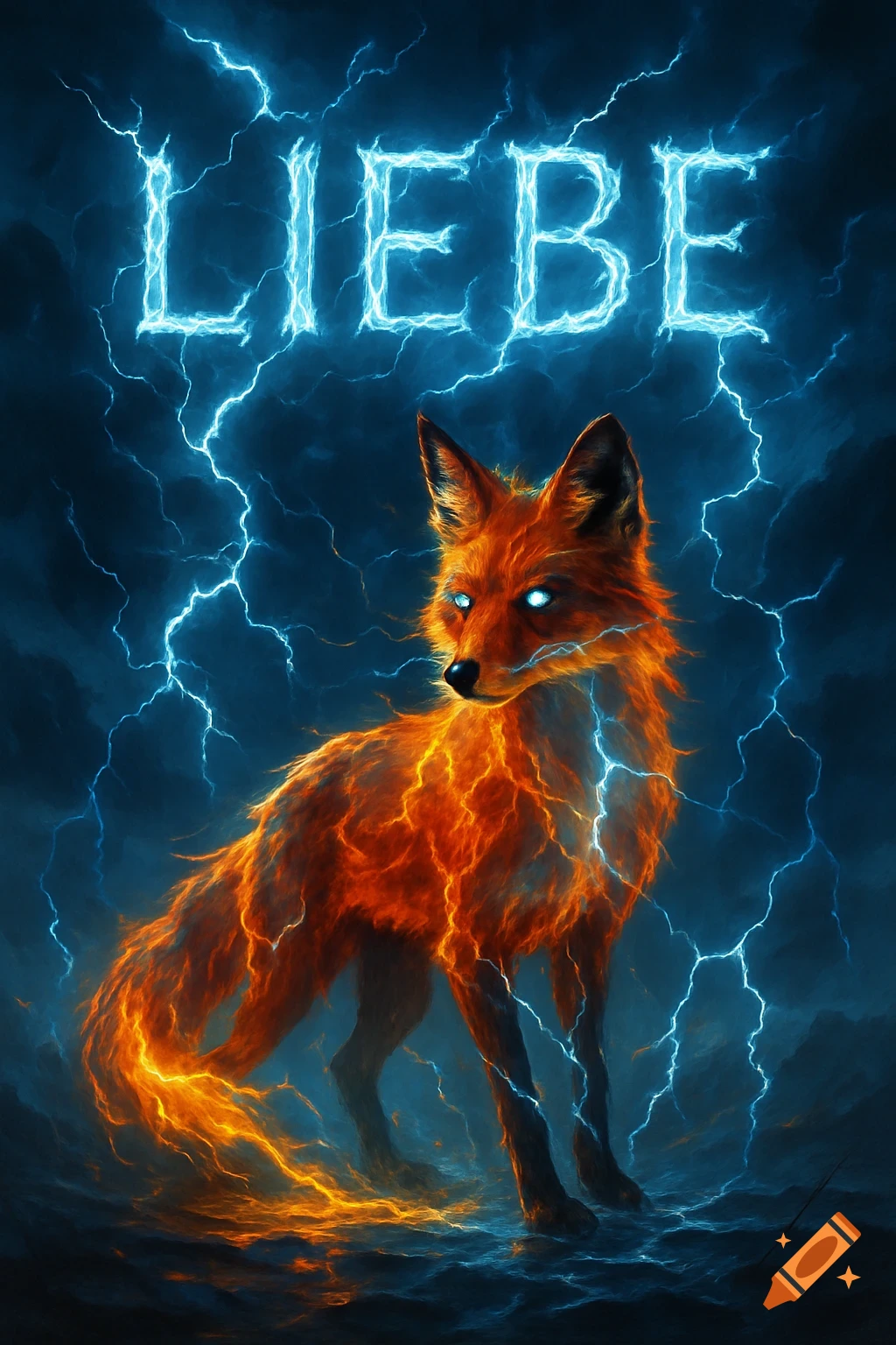 A majestic fox made of fire and glowing with lightning, against a dark stormy sky, with the word "LIEBE" in bright blue lightning above it.