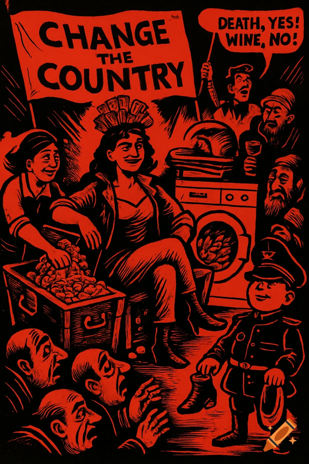A satirical red and black graphic art image of a rebel woman on a throne of money, a washing machine, a child general, and a crowd with a flag that reads 'CHANGE THE COUNTRY' and a speech bubble 'DEATH, YES! WINE, NO!'