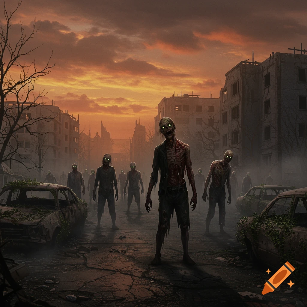 A horde of grotesque zombies with glowing green eyes shuffles down a desolate, ruined city street littered with abandoned cars under an ominous orange-red sunset.