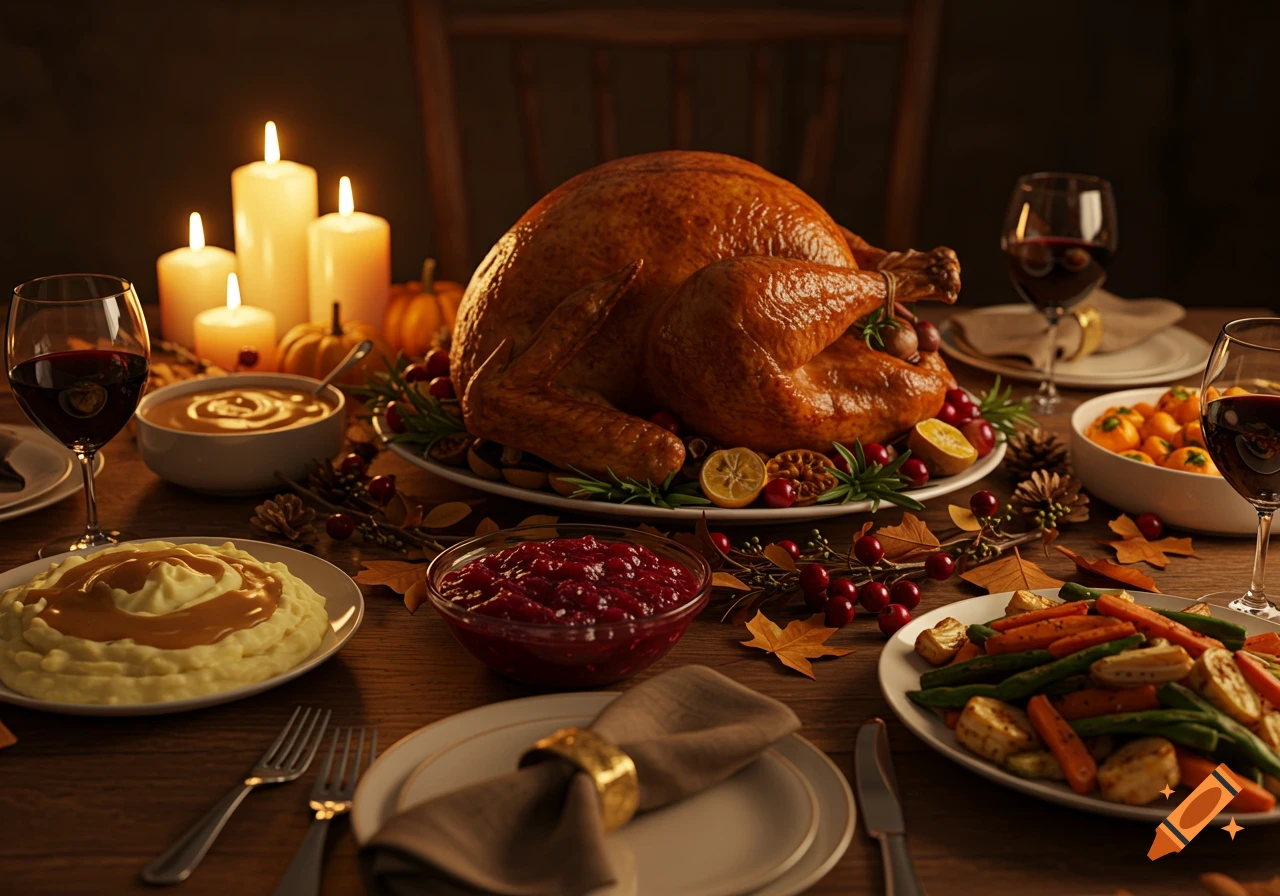 Photorealistic Thanksgiving feast with a roasted turkey, mashed potatoes, cranberry sauce, roasted vegetables, candles, and red wine on a wooden table.