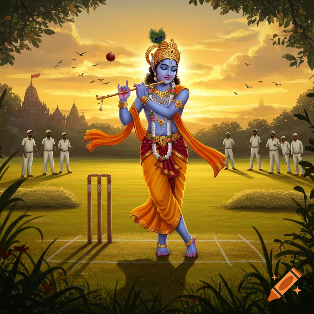 A divine figure, with blue skin and traditional attire, plays a flute while batting a red cricket ball on a green field at sunset. Other cricketers and temples are in the background.
