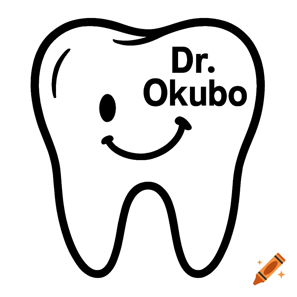 Black and white clipart of a smiling tooth with 'Dr. Okubo' written on it.
