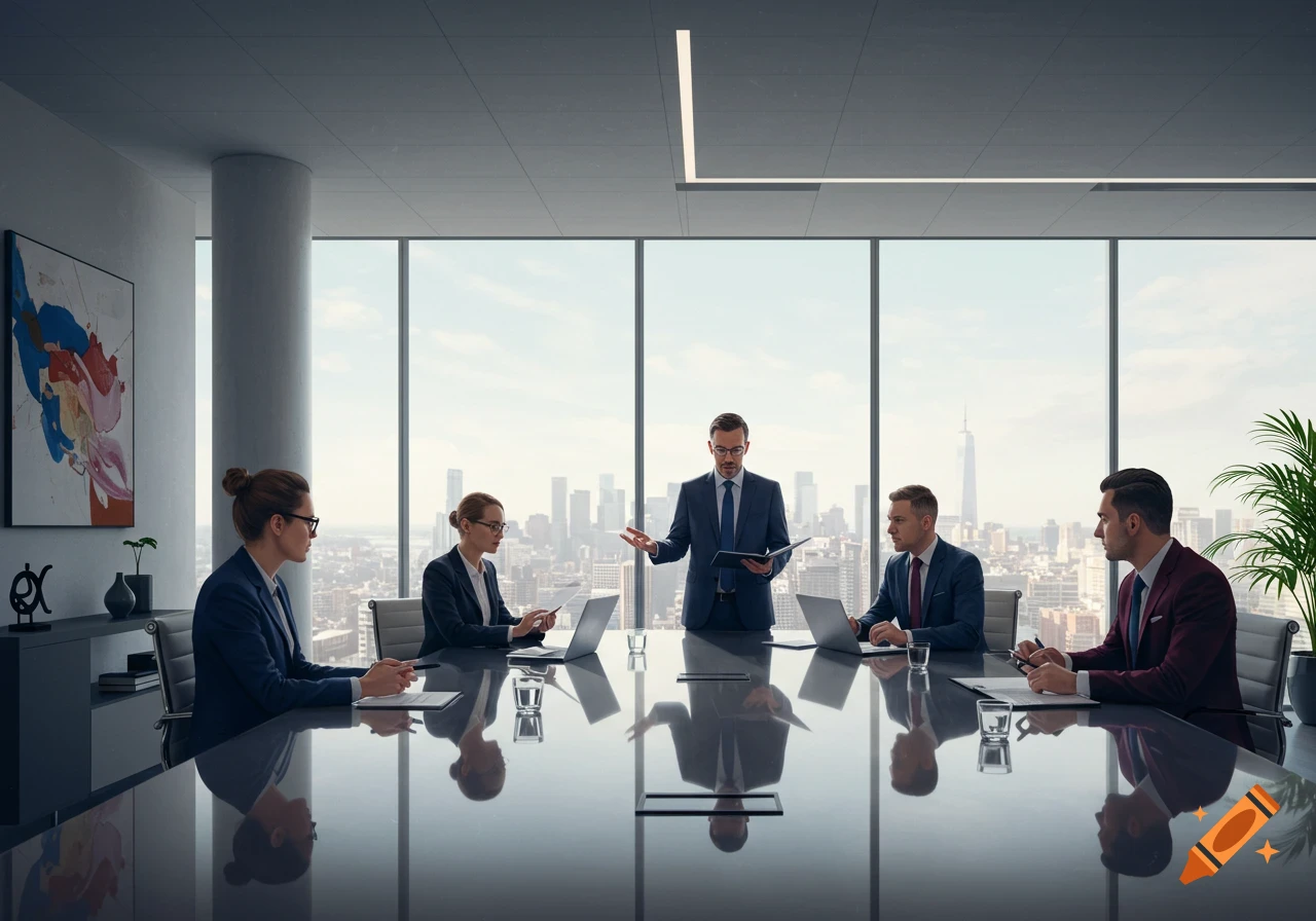 Photorealistic image of business professionals having a meeting in a modern conference room with a city skyline view.