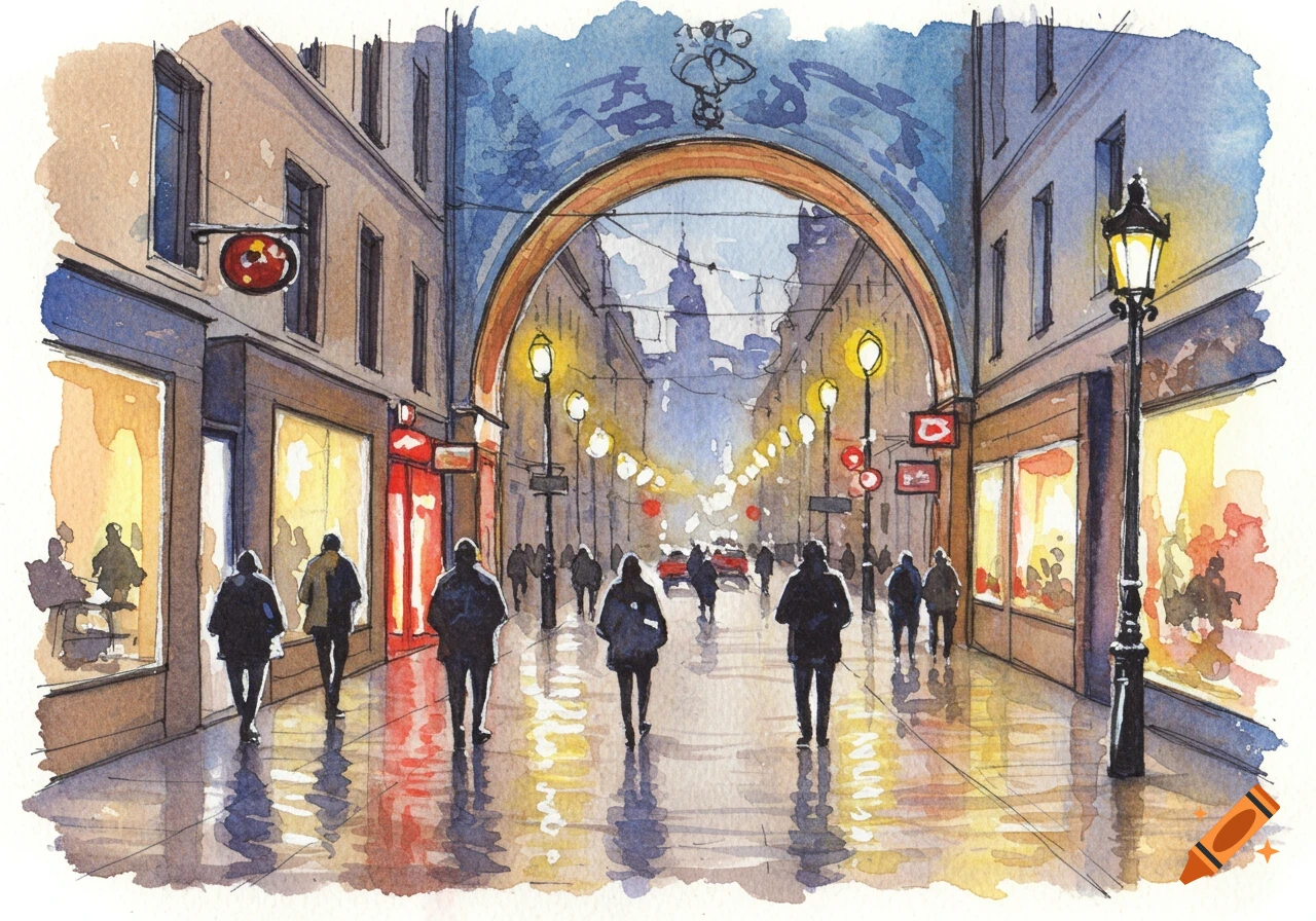 A watercolor painting of a bustling city street at night, with people ...
