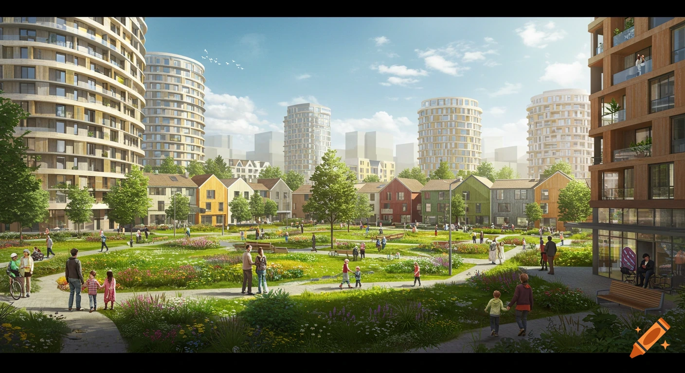 A vibrant urban park with green lawns, flower beds, and winding paths. Modern residential buildings surround the park, which is filled with diverse people walking and relaxing under a blue sky.